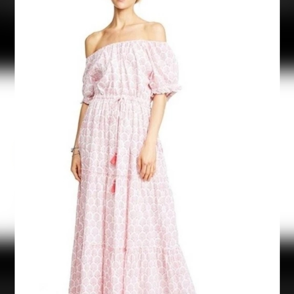 Roller Rabbit Pink Block Print Boho Maxi Dress XXS (L) Cotton Lined Tassel Tie
